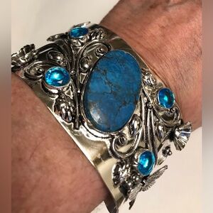 Turquoise Blue Topaz Stamped 925 Sterling Silver Cuff Bracelet